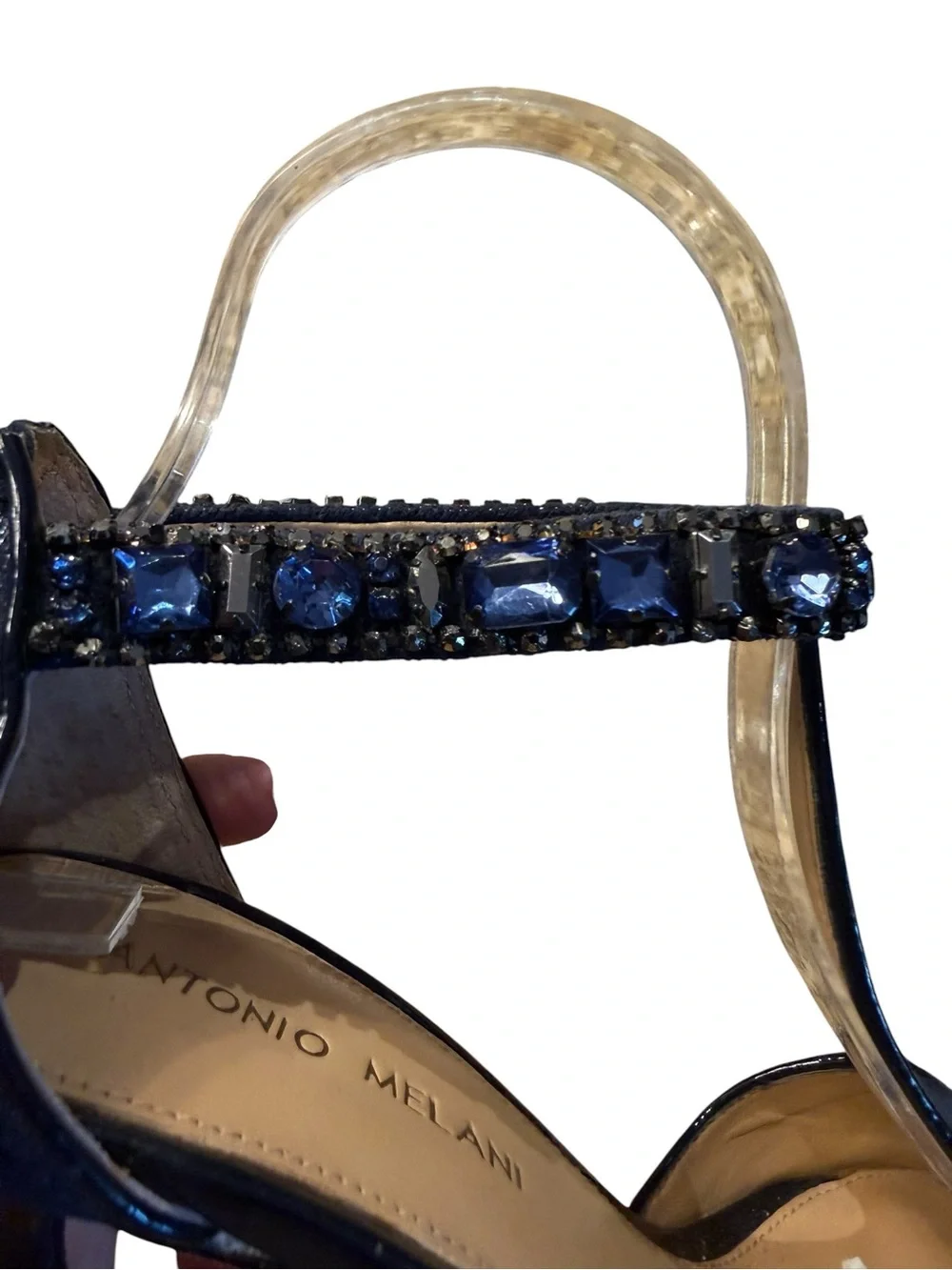 ANTONIO MELANI Navy Blue T-Strap Jeweled 4”  Heels Womens Size 8 Leather Sole